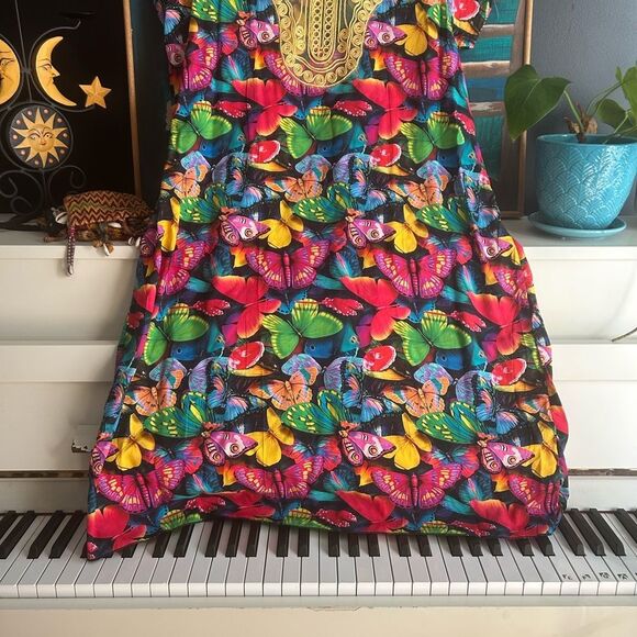 Vibrant Multicolor Maxi Dress with Butterflies and Gold Accents One Size - Picture 3 of 16